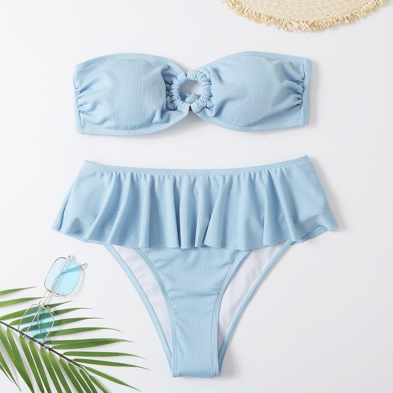 

Ring Decor Ruffle Hem Bikini Swimsuit, Baby blue