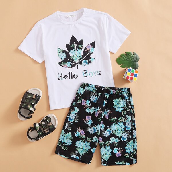 

Boys Floral & Letter Print Tee & Shorts Set, Multicolor