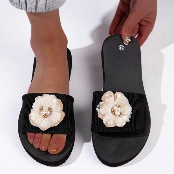 

Flower Appliques Slides, Beige