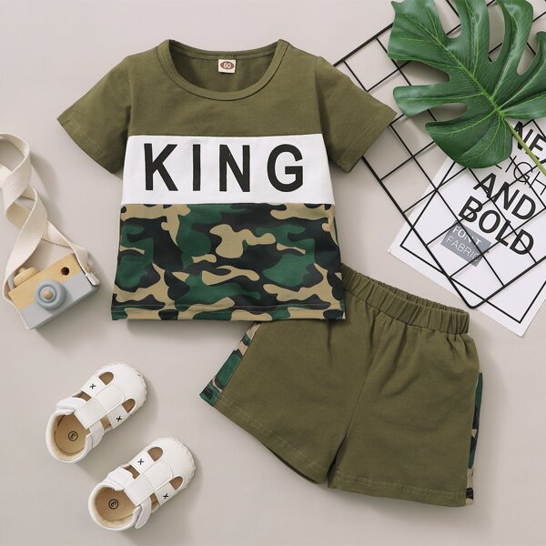 

Baby Boy Letter & Camo Print Tee & Shorts, Army green