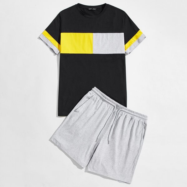 

Men Colorblock Tee & Drawstring Track Shorts PJ Set, Multicolor