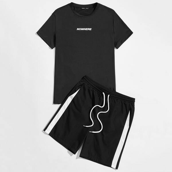 

Men Letter Graphic Top & Contrast Sideseam Shorts Set, Black
