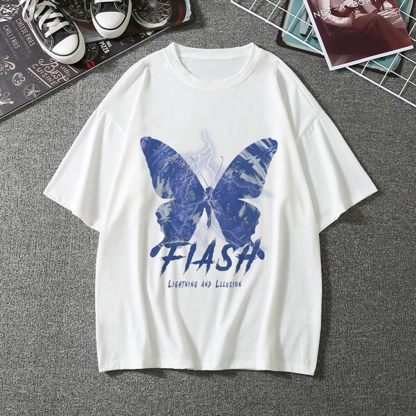 

Men Letter & Butterfly Print Tee, White