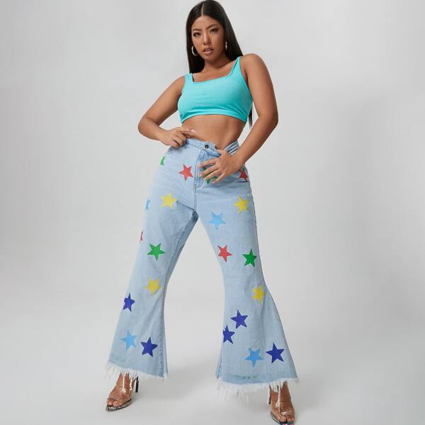 

Plus Star Print Raw Hem Flare Leg Jeans, Light wash