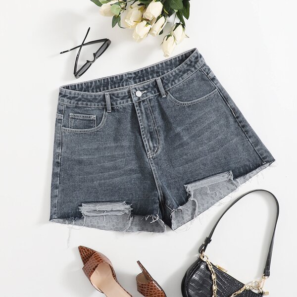 

Plus Raw Hem Denim Shorts, Grey