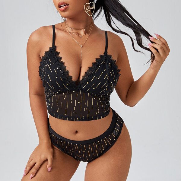

Plus Lace Trim Mesh Lingerie Set, Black