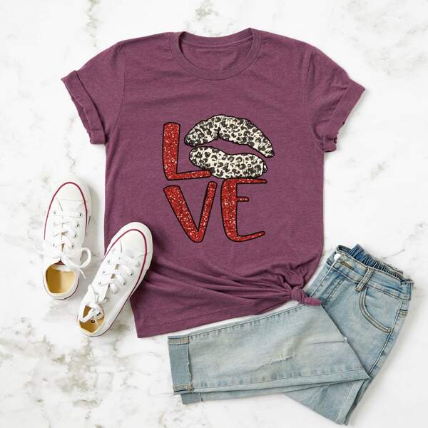 

Plus Letter And Lip Print Tee, Mauve purple