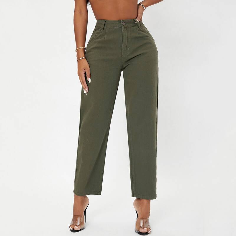 

High Waist Solid Straight Leg Jeans, Army green