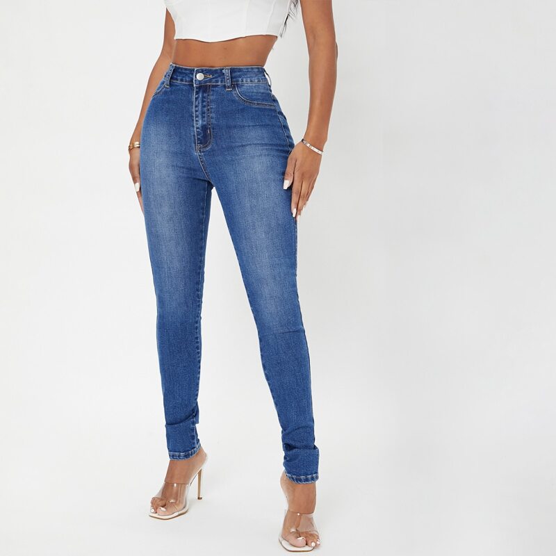 

High Waist Bleach Wash Skinny Jeans, Medium wash