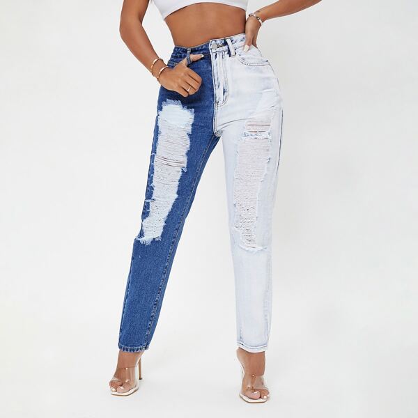 

High Waist Colorblock Ripped Mom Jeans, Multicolor