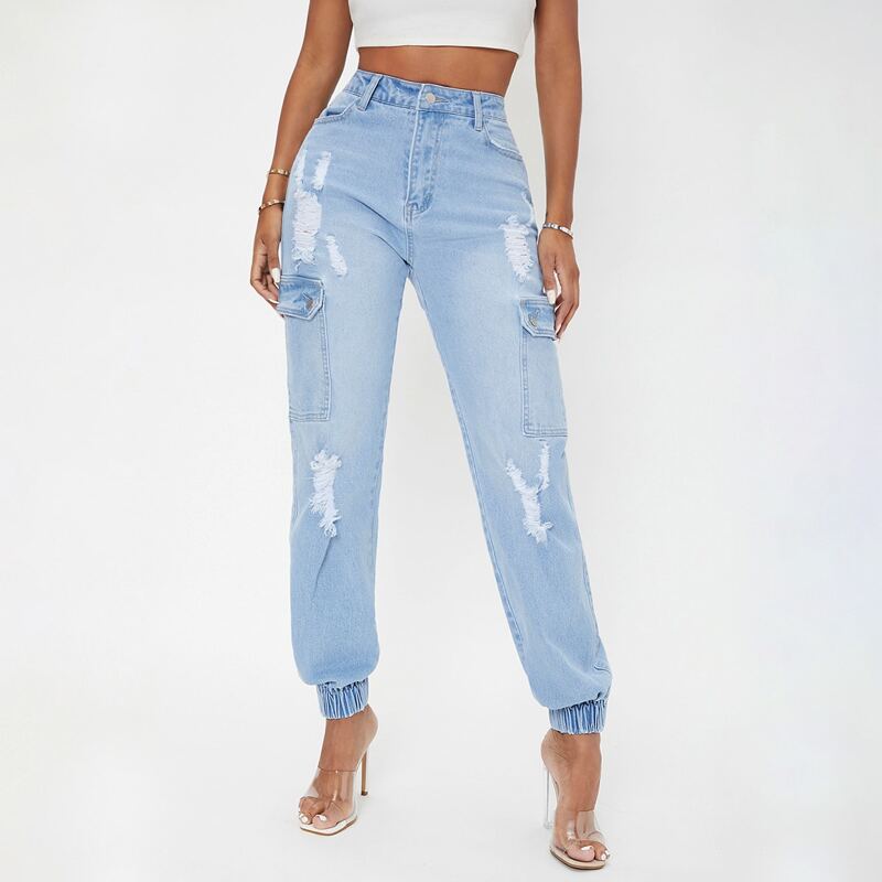 

Ripped High Waist Jogger Jeans, Light wash