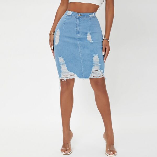 

High Waist Ripped Raw Hem Denim Skirt, Light wash