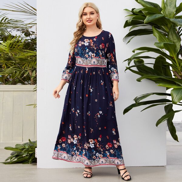 

Plus Floral Print Round Neck Maxi Dress, Navy blue