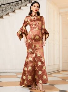 SHEIN Collared Flounce Sleeve Buttoned Front Jacquard Dress - Redwood - View 1