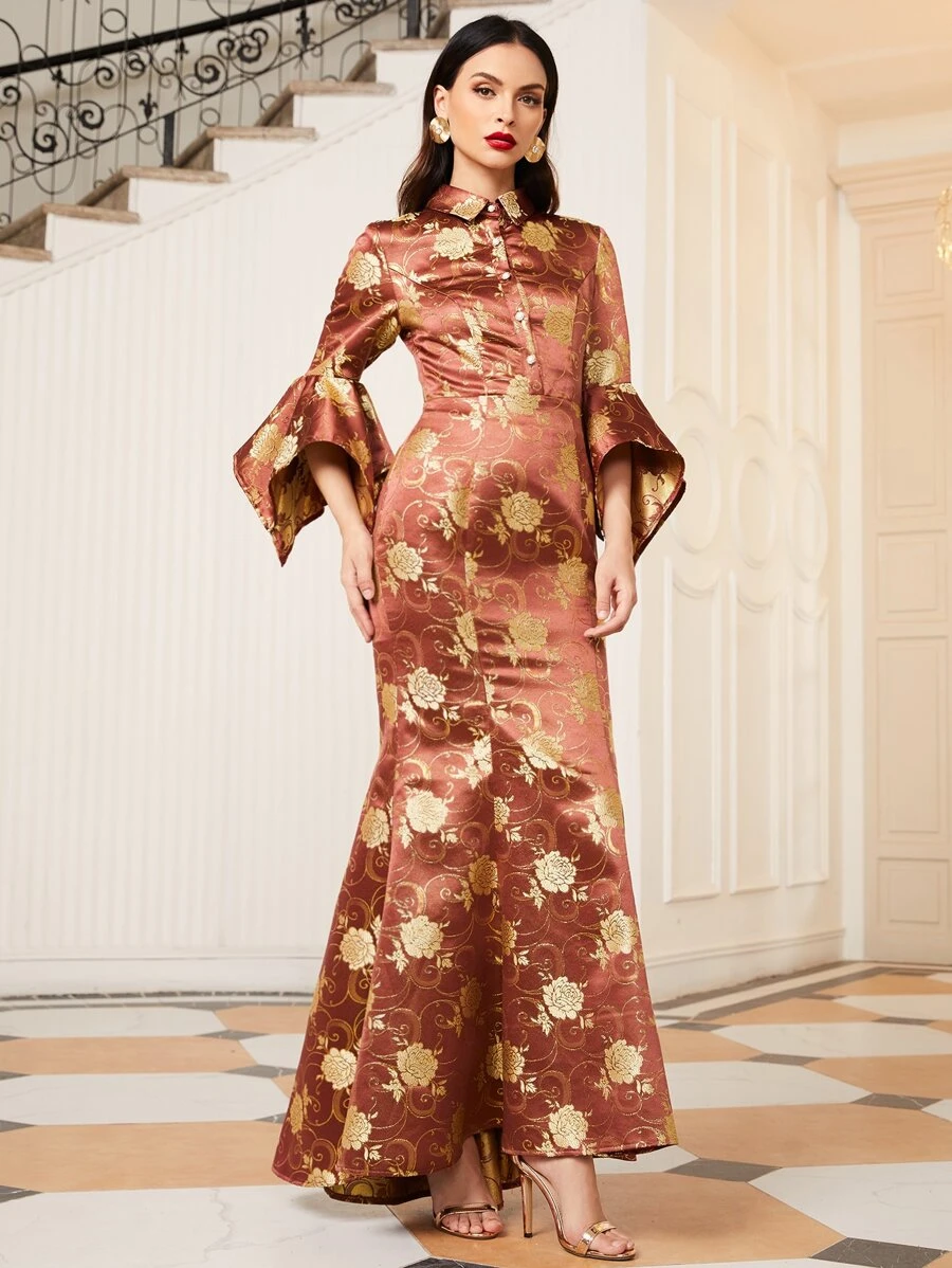 SHEIN Collared Flounce Sleeve Buttoned Front Jacquard Dress - Redwood - View 1