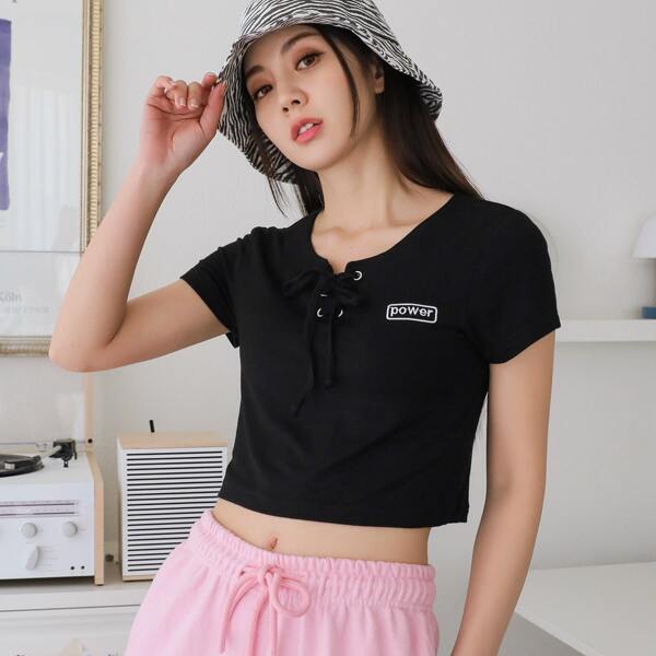 

Letter Embroidery Grommet Lace-up Tee, Black