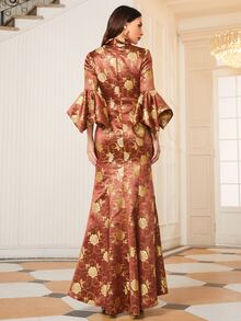 SHEIN Collared Flounce Sleeve Buttoned Front Jacquard Dress - Redwood - View 2