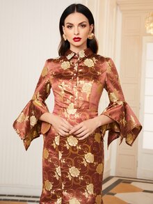 SHEIN Collared Flounce Sleeve Buttoned Front Jacquard Dress - Redwood - View 4