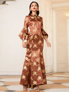 SHEIN Collared Flounce Sleeve Buttoned Front Jacquard Dress - Redwood - View 5