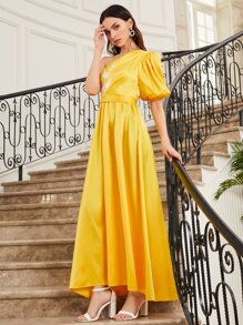 SHEIN 單肩燈籠袖貼花細節舞會洋裝 - 黃色 - 查看 1