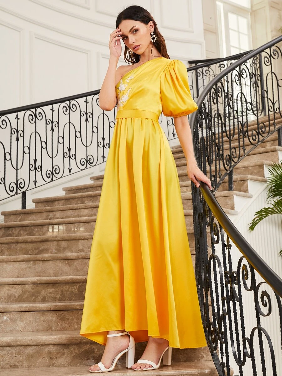 SHEIN 單肩燈籠袖貼花細節舞會洋裝 - 黃色 - 查看 1