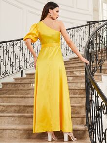 SHEIN 單肩燈籠袖貼花細節舞會洋裝 - 黃色 - 查看 2