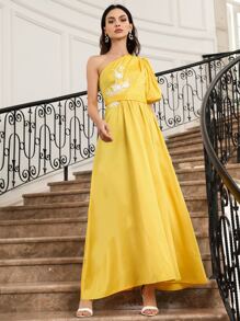 SHEIN 單肩燈籠袖貼花細節舞會洋裝 - 黃色 - 查看 3