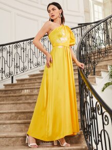 SHEIN 單肩燈籠袖貼花細節舞會洋裝 - 黃色 - 查看 4