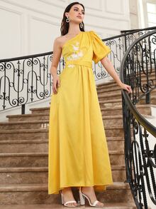 SHEIN 單肩燈籠袖貼花細節舞會洋裝 - 黃色 - 查看 5