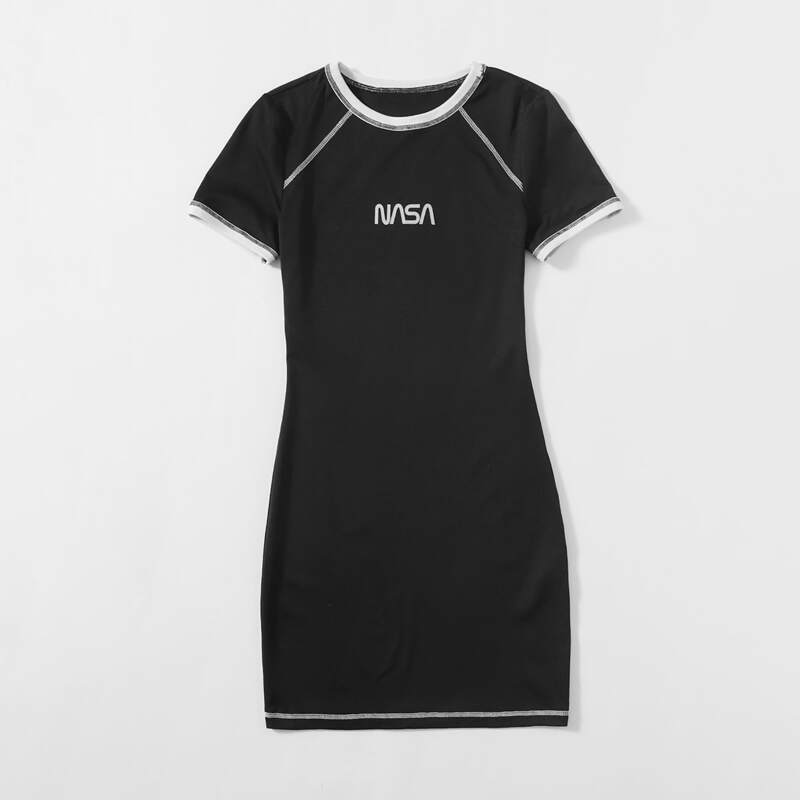 

Letter Contrast Stitching Dress, Black