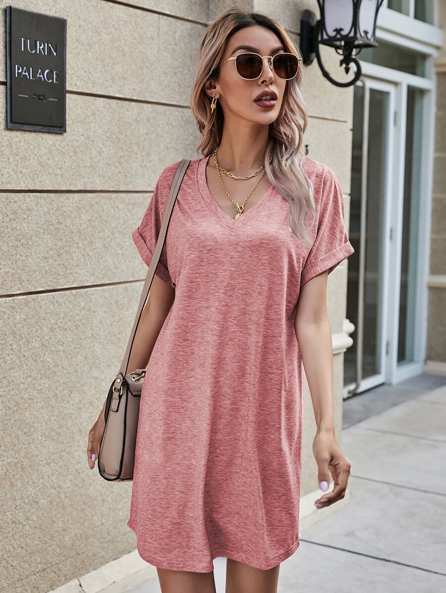 SHEIN LUNE Space Dye V Neck Tee Dress - Pink - View 1