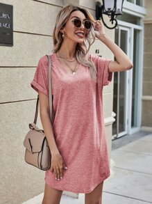 SHEIN LUNE Space Dye V Neck Tee Dress - Pink - View 4