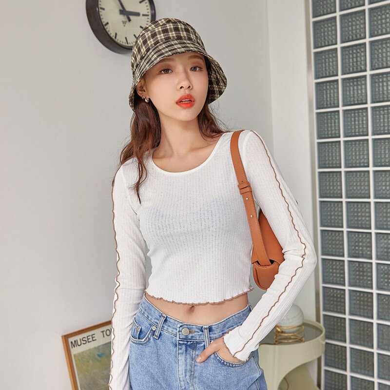 

Rib-knit Contrast Binding Crop Tee, White