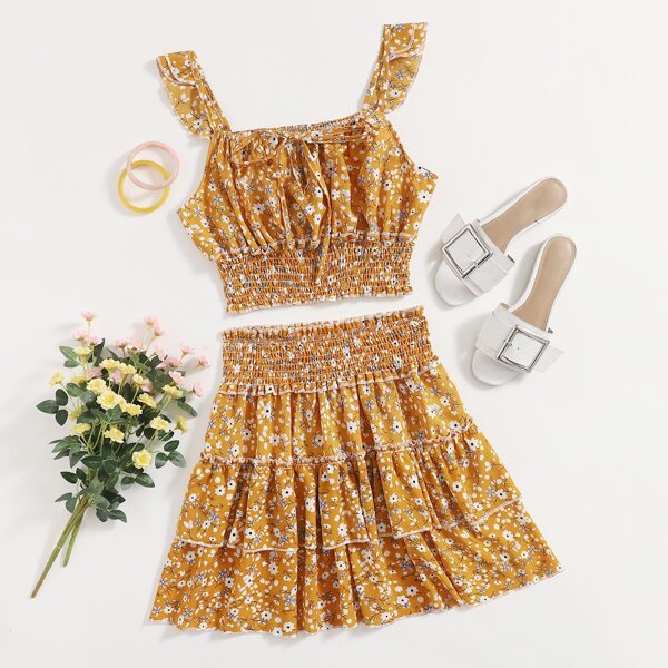 

Ditsy Floral Knot Shirred Cami Top With Layered Skirt, Mustard yellow