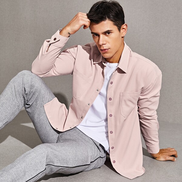 

Men Single Breasted Solid Shirt, Pastel baby pink