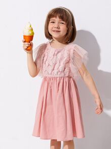 SHEIN 小女童貼花網紗蝴蝶袖洋裝