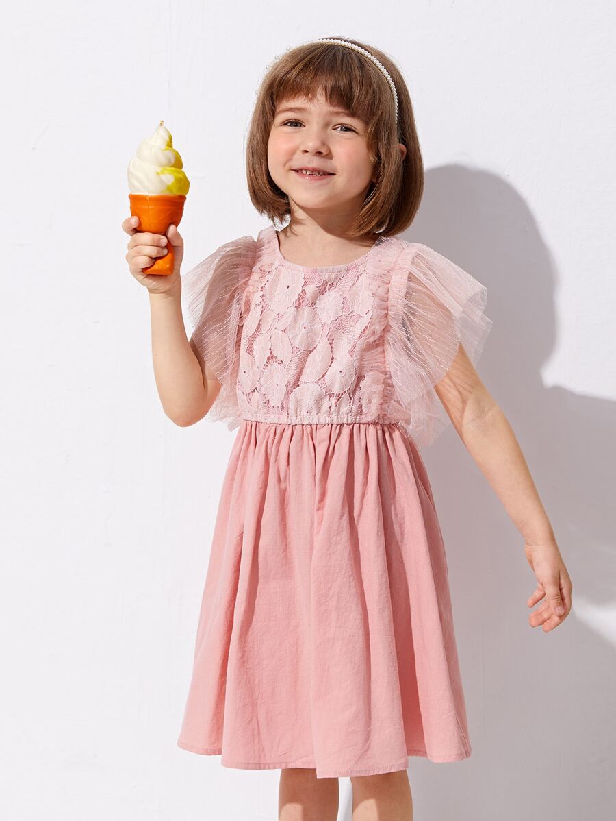 SHEIN 小女童貼花網紗蝴蝶袖洋裝