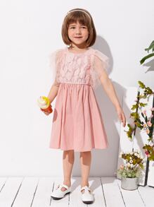 SHEIN 小女童貼花網紗蝴蝶袖洋裝