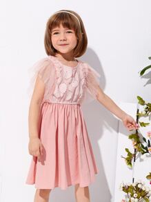 SHEIN 小女童貼花網紗蝴蝶袖洋裝