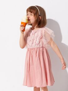 SHEIN 小女童貼花網紗蝴蝶袖洋裝