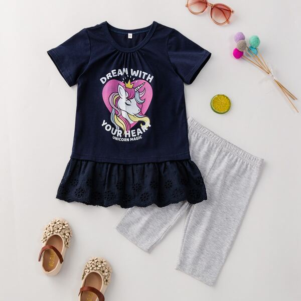 

Toddler Girls Unicorn Print Ruffle Hem Top With Leggings, Multicolor