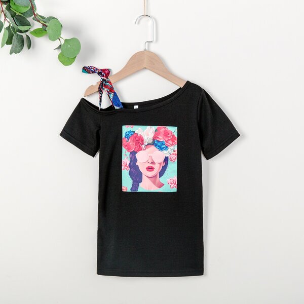 

Toddler Girls Figure Graphic Asymmetrical Neck Tee Dress, Black