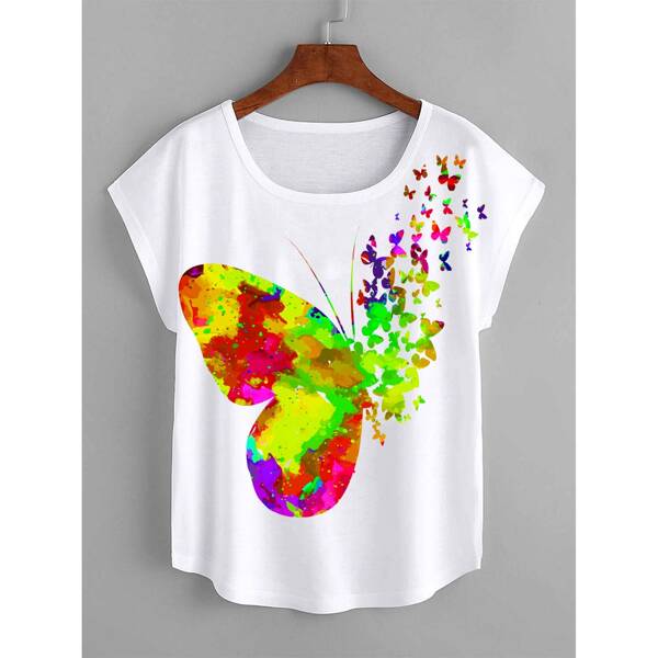 

Butterfly Print Batwing Sleeve Tee, White
