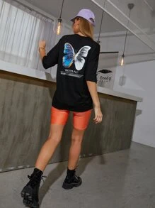 Butterfly And Slogan Graphic Drop Shoulder Tee