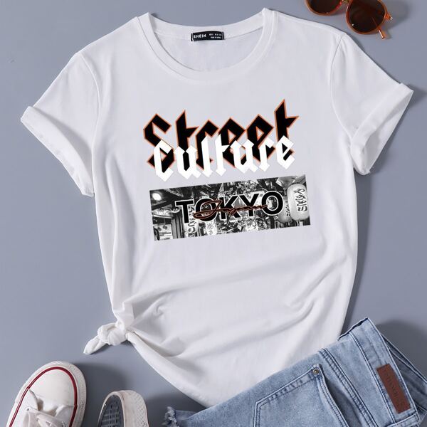 

Graphic & Letter Print Tee, White