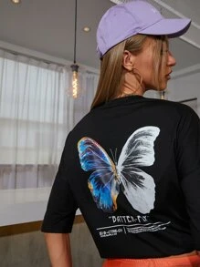 Butterfly And Slogan Graphic Drop Shoulder Tee