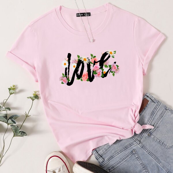 

Letter & Floral Print Tee, Baby pink