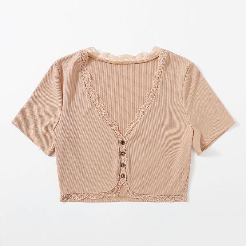 

Contrast Lace Button Front Ribbed Tee, Apricot