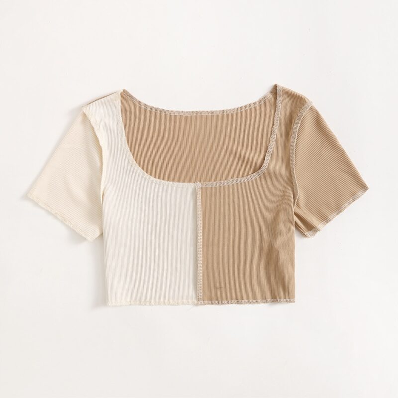 

Contrast Stitching Two Tone Ribbed Crop Tee, Multicolor