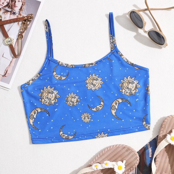 

Graphic Print Cami Crop Top, Blue